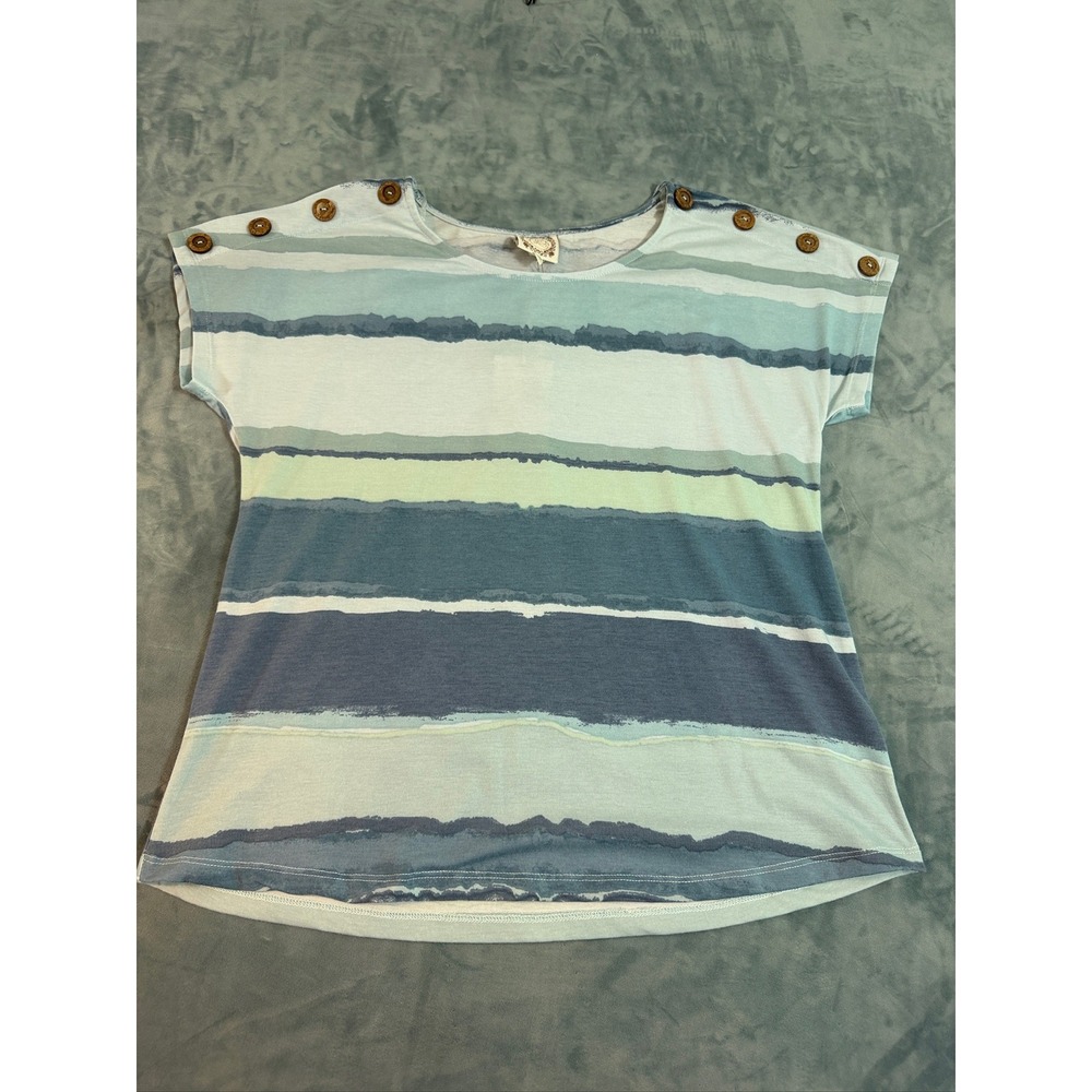 True Self Womens Blue Green Striped Short Sleeve Button Shoulder Top Size M NWT
